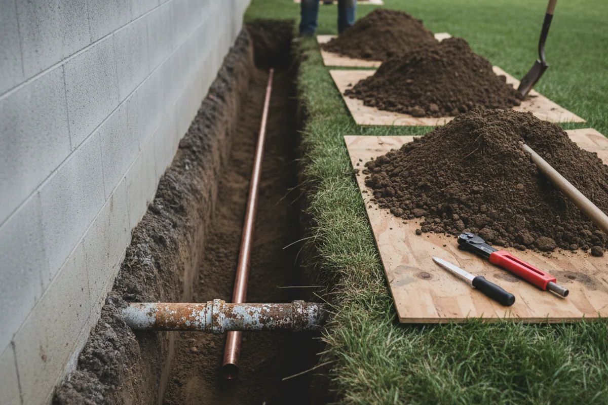 Excavated water line trench during Sewer Line Repair in Downingtown
